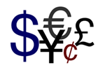 Mixed image of currency symbols; dollar, euro, pound, yen, cents